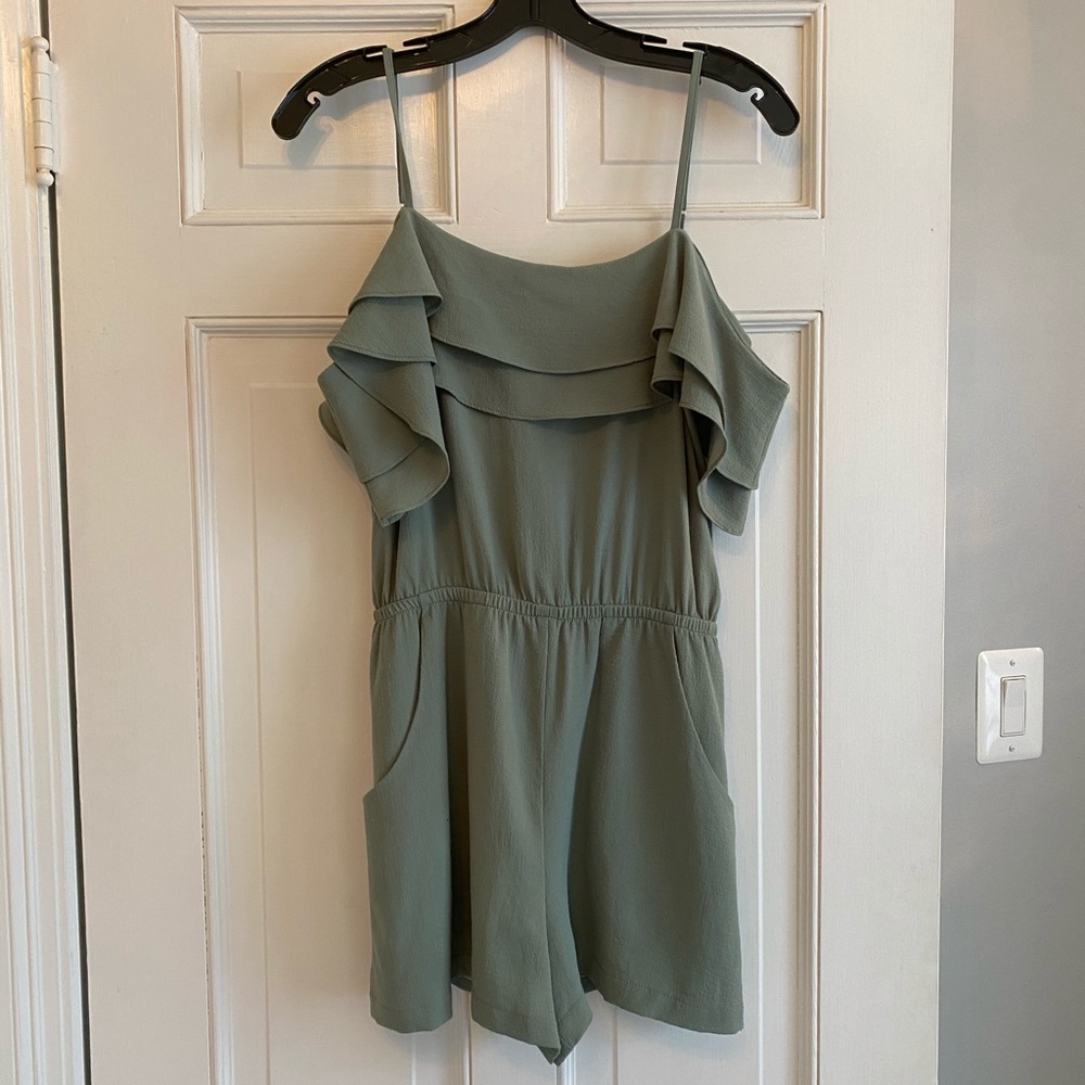 Abbeline Sage Green Ruffle Cold Shoulder Romper